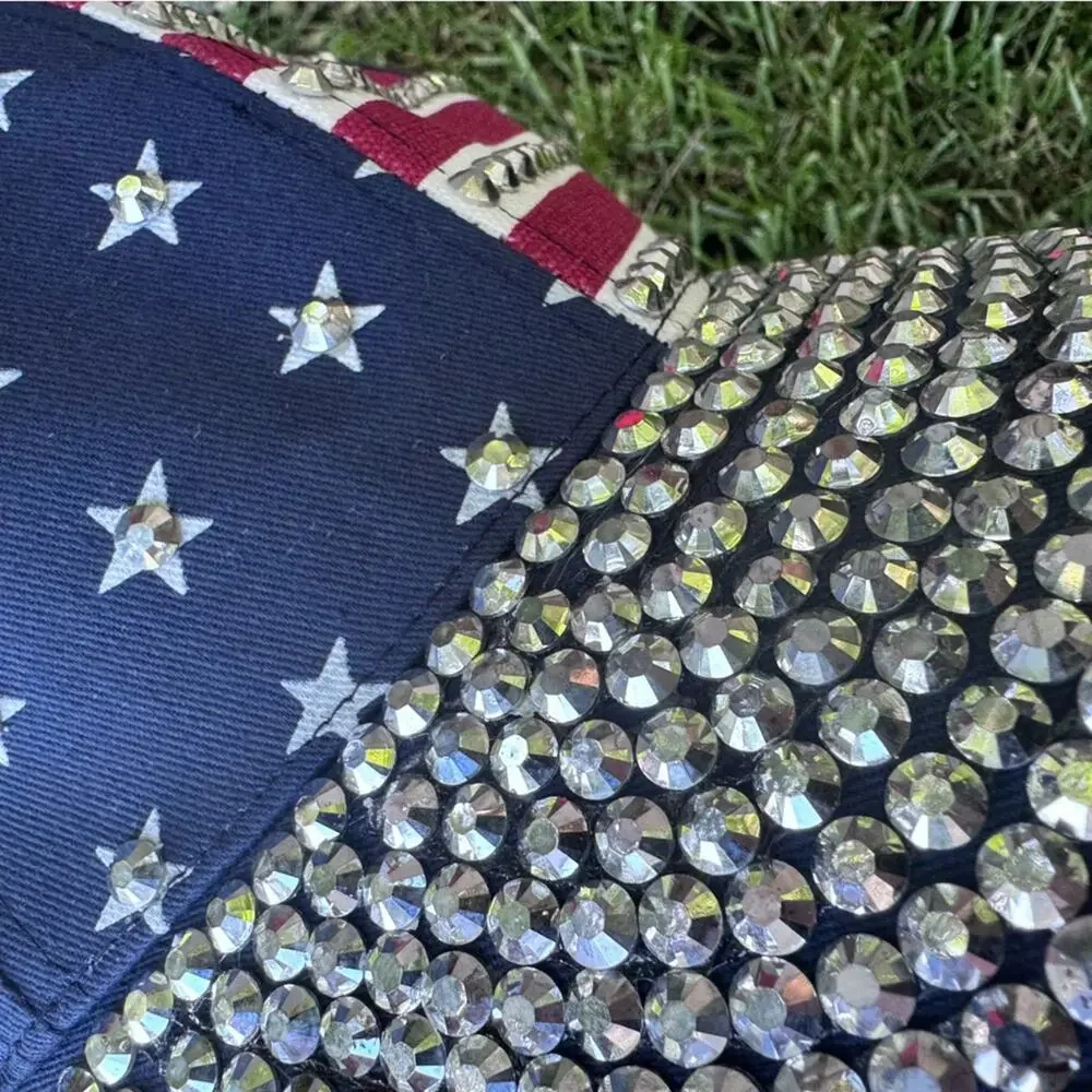 American Flag Bedazzled Rhinestones Patriotic Navy Blue Bling Trucker Hat